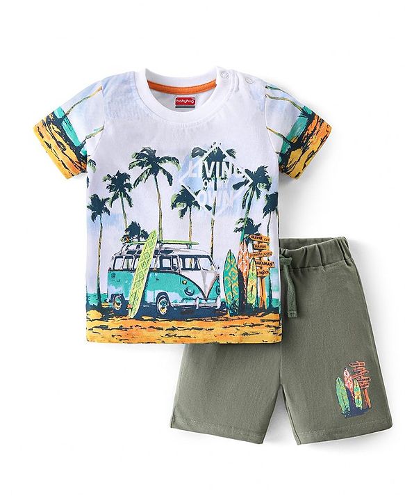 Babyhug Cotton Knit Half Sleeves T-Shirt & Shorts Set With Beach Theme Print - White & Green
