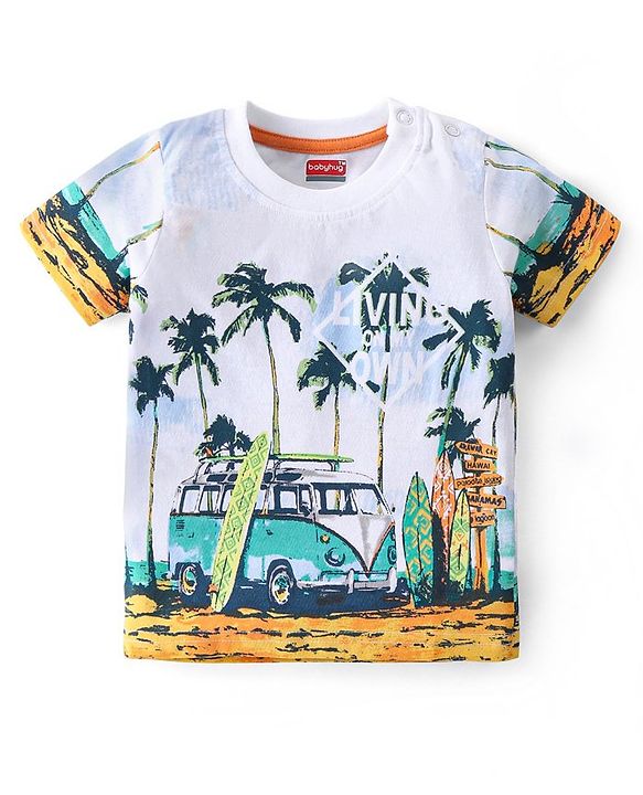 Babyhug Cotton Knit Half Sleeves T-Shirt & Shorts Set With Beach Theme Print - White & Green