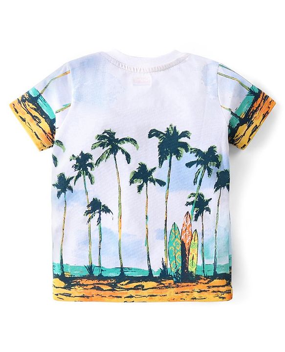 Babyhug Cotton Knit Half Sleeves T-Shirt & Shorts Set With Beach Theme Print - White & Green