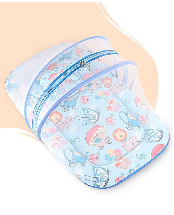 Babyhug 100% Cotton Mattress Set with Mosquito Net & Mushroom Print - Blue