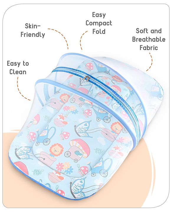 Babyhug 100% Cotton Mattress Set with Mosquito Net & Mushroom Print - Blue