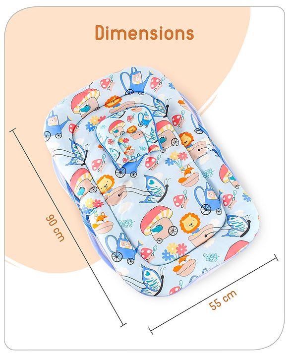 Babyhug 100% Cotton Mattress Set with Mosquito Net & Mushroom Print - Blue