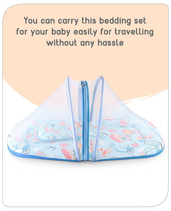 Babyhug 100% Cotton Mattress Set with Mosquito Net & Mushroom Print - Blue