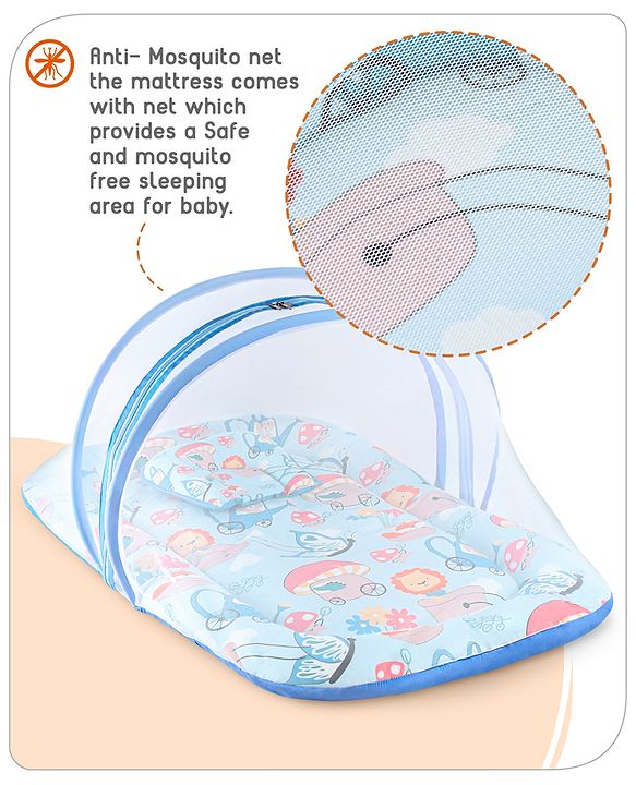 Babyhug 100% Cotton Mattress Set with Mosquito Net & Mushroom Print - Blue