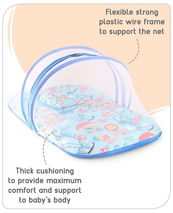 Babyhug 100% Cotton Mattress Set with Mosquito Net & Mushroom Print - Blue