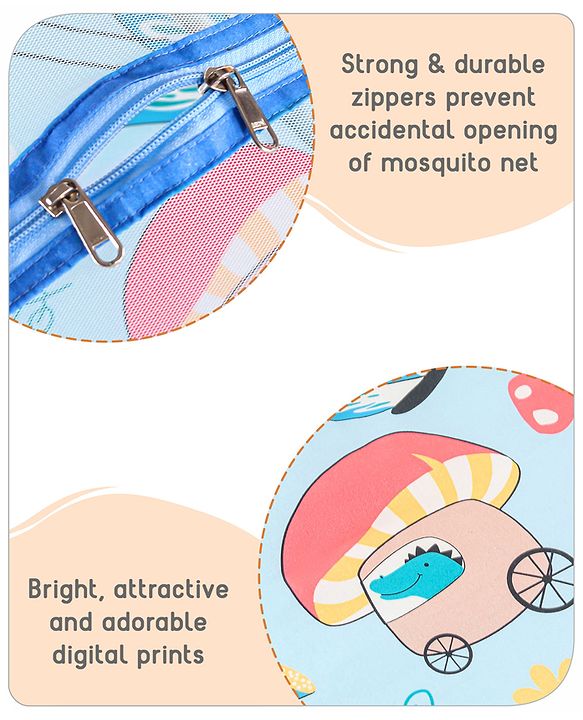 Babyhug 100% Cotton Mattress Set with Mosquito Net & Mushroom Print - Blue