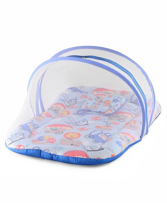 Babyhug 100% Cotton Mattress Set with Mosquito Net & Mushroom Print - Blue