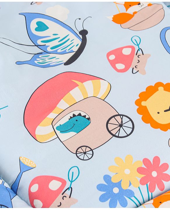 Babyhug 100% Cotton Mattress Set with Mosquito Net & Mushroom Print - Blue