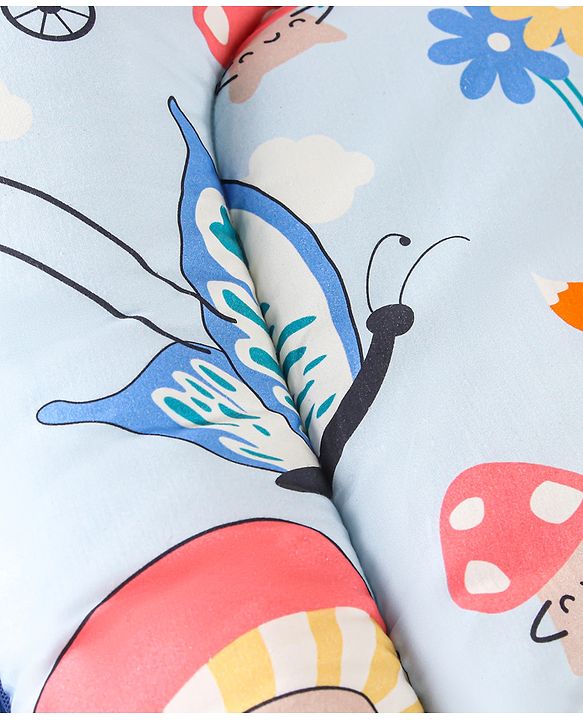 Babyhug 100% Cotton Mattress Set with Mosquito Net & Mushroom Print - Blue