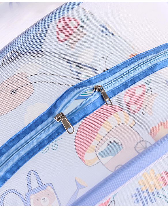 Babyhug 100% Cotton Mattress Set with Mosquito Net & Mushroom Print - Blue