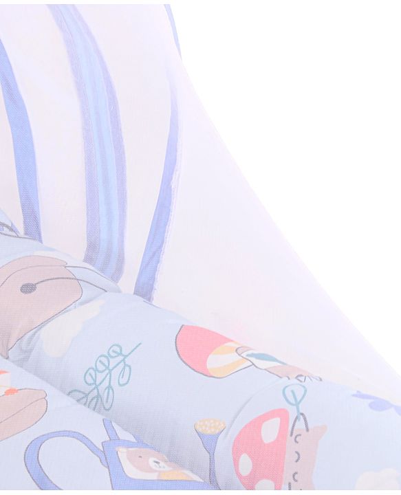 Babyhug 100% Cotton Mattress Set with Mosquito Net & Mushroom Print - Blue