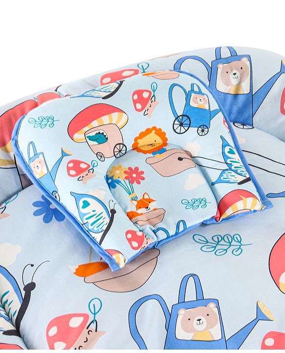 Babyhug 100% Cotton Mattress Set with Mosquito Net & Mushroom Print - Blue