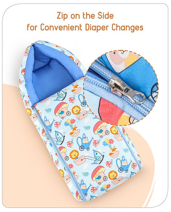 Babyhug Cotton Sleeping Bag Cum Carry Nest Mushroom & Animal Print - Blue