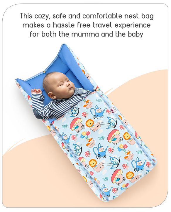 Babyhug Cotton Sleeping Bag Cum Carry Nest Mushroom & Animal Print - Blue