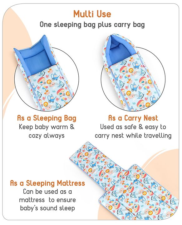 Babyhug Cotton Sleeping Bag Cum Carry Nest Mushroom & Animal Print - Blue