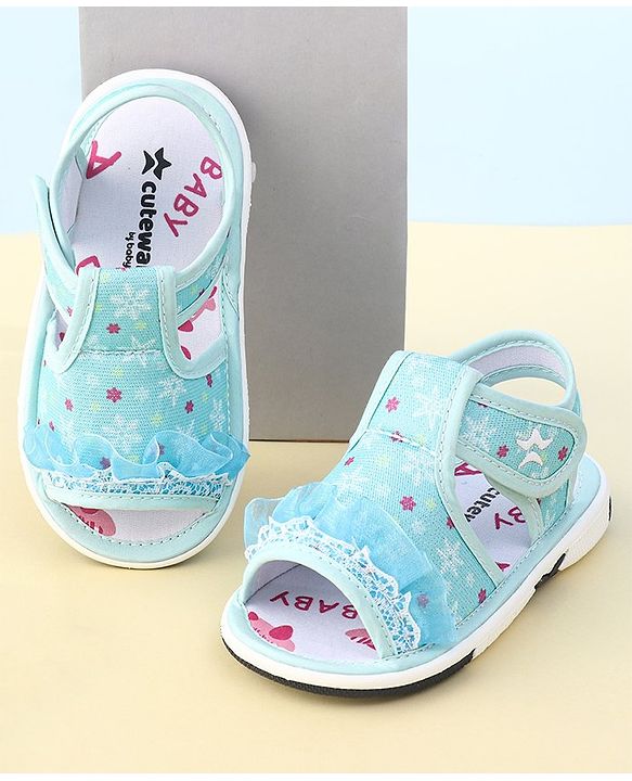 Cute Walk By Babyhug Sandals With Velcro Closure & Mesh Detailing - Aqua Blue