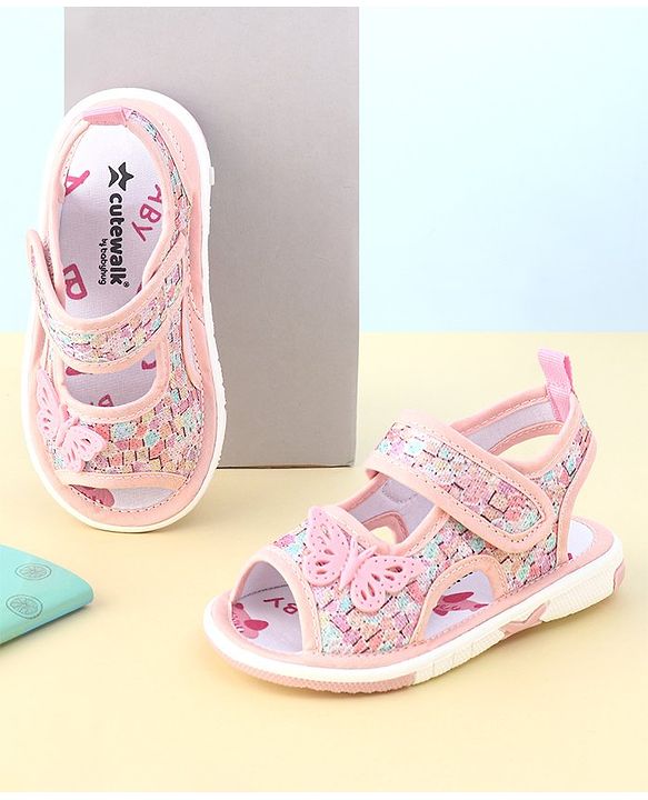 Cute Walk by Babyhug Velcro Closure Sandals with Butterfly Applique  - Light Pink