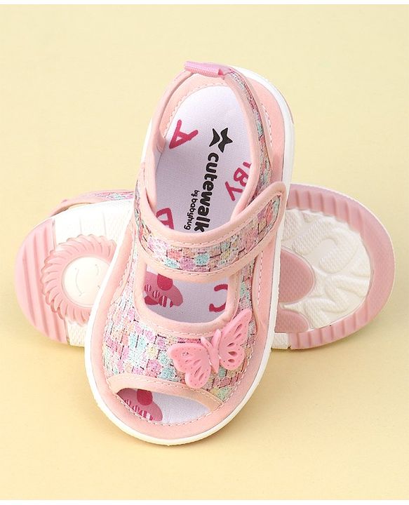 Cute Walk by Babyhug Velcro Closure Sandals with Butterfly Applique  - Light Pink