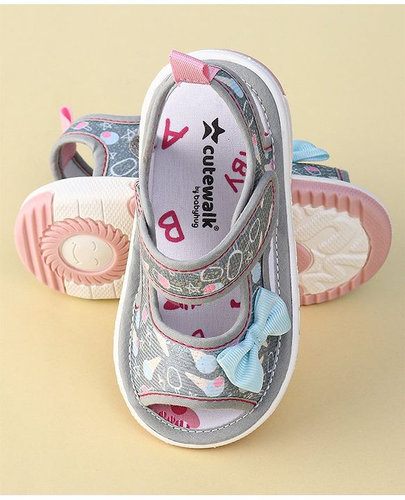 Cute Walk By Babyhug Sandals With Velcro Closure & Bow Applique - Grey