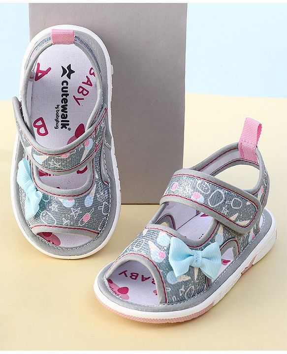 Cute Walk By Babyhug Sandals With Velcro Closure & Bow Applique - Grey
