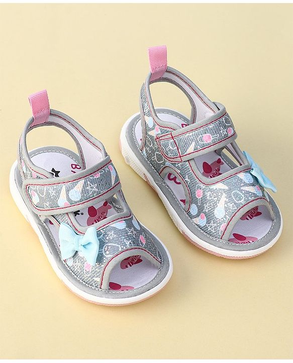Cute Walk By Babyhug Sandals With Velcro Closure & Bow Applique - Grey