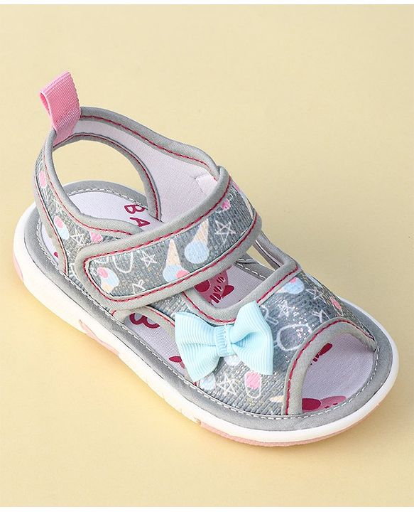 Cute Walk By Babyhug Sandals With Velcro Closure & Bow Applique - Grey