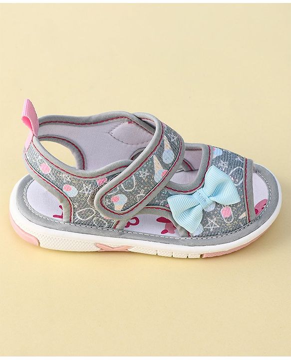 Cute Walk By Babyhug Sandals With Velcro Closure & Bow Applique - Grey