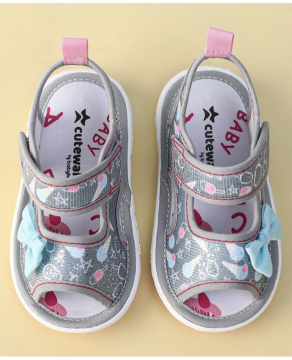 Cute Walk By Babyhug Sandals With Velcro Closure & Bow Applique - Grey