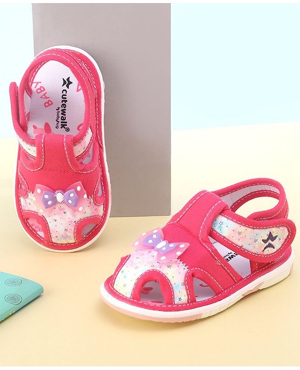 Cute Walk By Babyhug Sandals With Velcro Closure & Bow Applique - Fuchsia