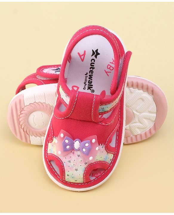 Cute Walk By Babyhug Sandals With Velcro Closure & Bow Applique - Fuchsia