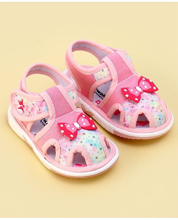 Cute Walk By Babyhug Sandals With Velcro Closure & Bow Applique - Pink