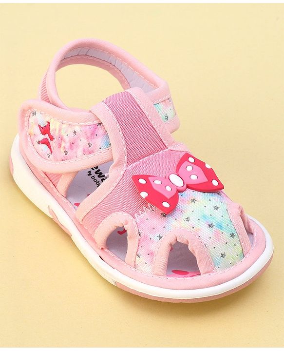 Cute Walk By Babyhug Sandals With Velcro Closure & Bow Applique - Pink