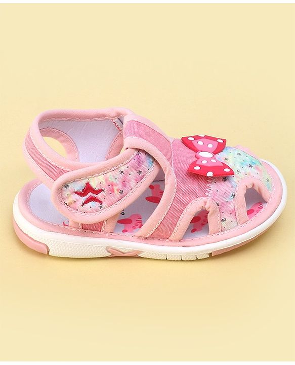 Cute Walk By Babyhug Sandals With Velcro Closure & Bow Applique - Pink