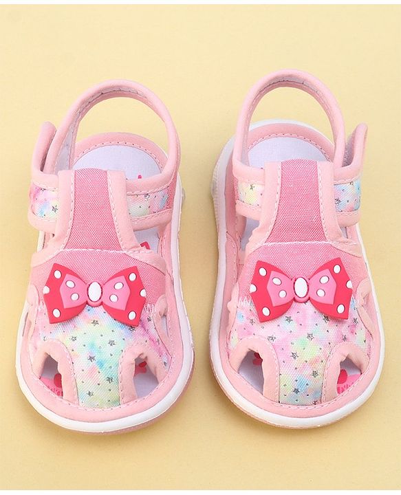 Cute Walk By Babyhug Sandals With Velcro Closure & Bow Applique - Pink