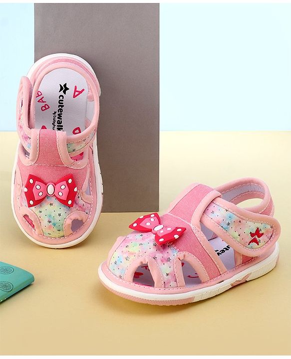 Cute Walk By Babyhug Sandals With Velcro Closure & Bow Applique - Pink