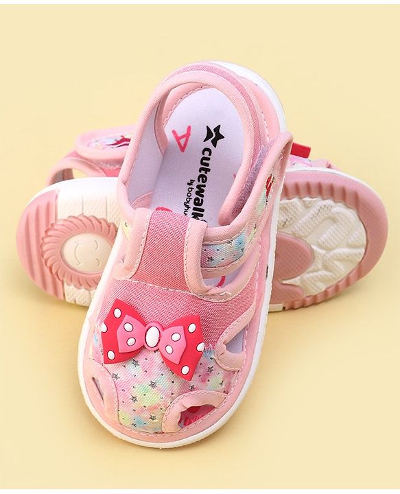 Cute Walk By Babyhug Sandals With Velcro Closure & Bow Applique - Pink