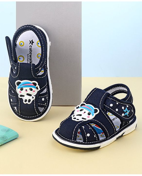 Cute Walk by Babyhug Slip On Sandals with Velcro Closure & Panda Applique - Blue
