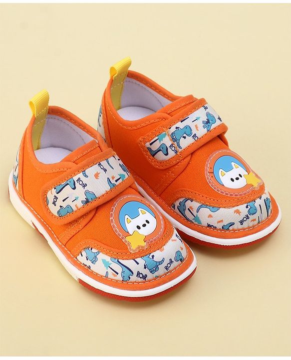 Cute Walk By Babyhug Sandals With Velcro Closure & Dino Print - Orange