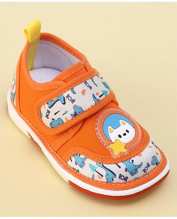 Cute Walk By Babyhug Sandals With Velcro Closure & Dino Print - Orange