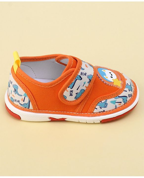 Cute Walk By Babyhug Sandals With Velcro Closure & Dino Print - Orange