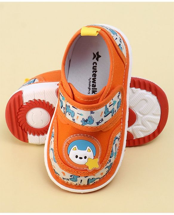 Cute Walk By Babyhug Sandals With Velcro Closure & Dino Print - Orange