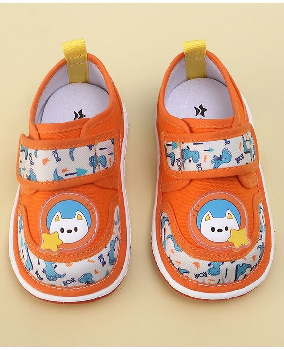 Cute Walk By Babyhug Sandals With Velcro Closure & Dino Print - Orange