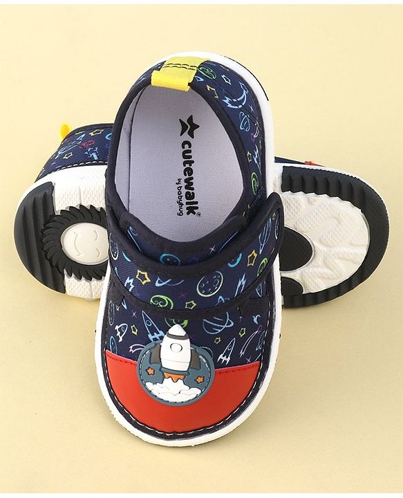Cute Walk By Babyhug Sandals With Velcro Closure & Space Theme Detailing - Navy Blue