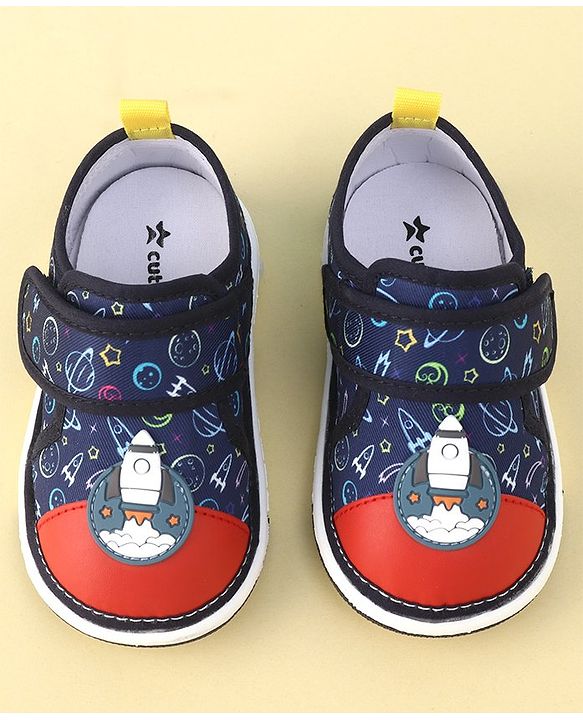 Cute Walk By Babyhug Sandals With Velcro Closure & Space Theme Detailing - Navy Blue