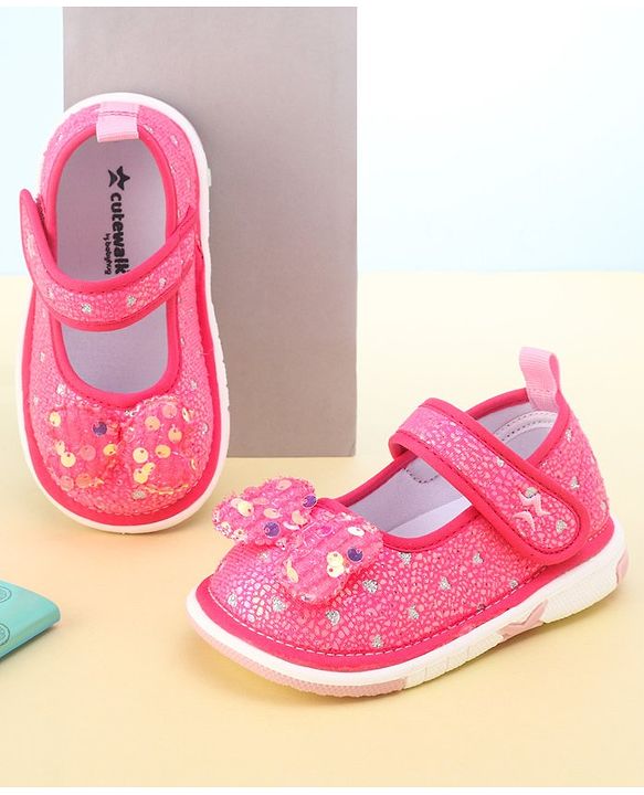 Cute Walk by Babyhug Velcro Closure Sandals with Sequin Bow Applique  - Fuchsia