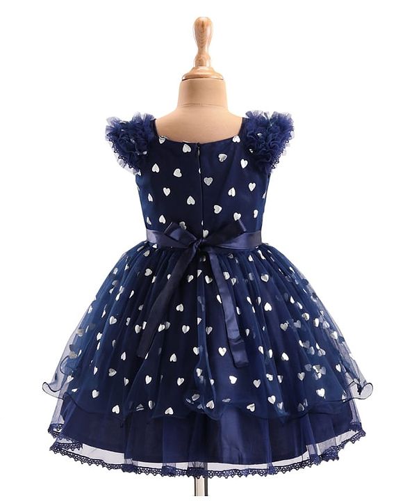 Pine Kids Woven Frill Sleeves Party Dress with Bow Applique Hearts Print - Navy Blue