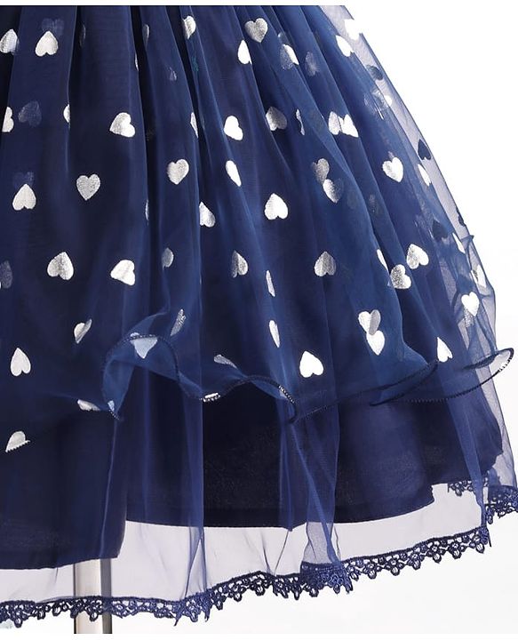 Pine Kids Woven Frill Sleeves Party Dress with Bow Applique Hearts Print - Navy Blue