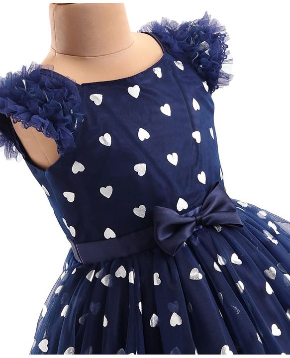 Pine Kids Woven Frill Sleeves Party Dress with Bow Applique Hearts Print - Navy Blue