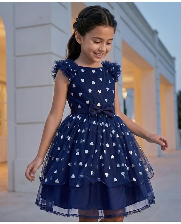 Pine Kids Woven Frill Sleeves Party Dress with Bow Applique Hearts Print - Navy Blue