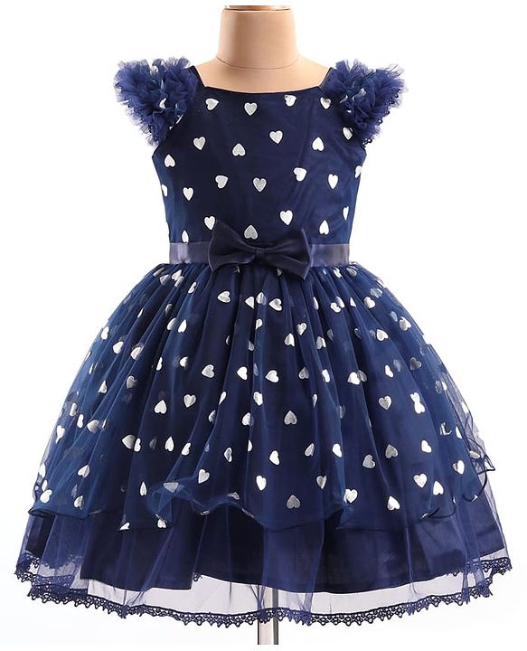 Pine Kids Woven Frill Sleeves Party Dress with Bow Applique Hearts Print - Navy Blue